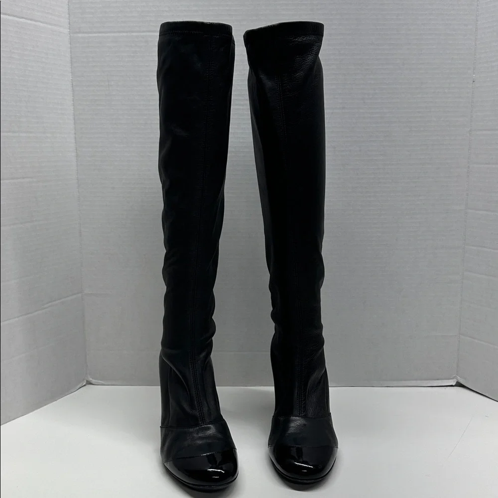 Chanel Heeled Boots Lambskin Tall Boots Cap Round Toe Patent Leather Black EU 38